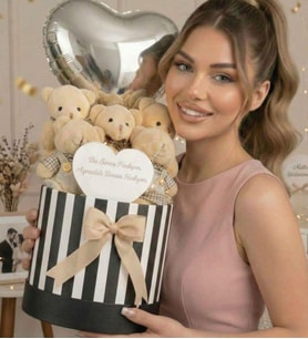 Premium Silindir Kutusunda Aynalı  ve Kalp Balonlu Peluş Taba 5li Ayıcık Buketi