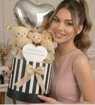 Premium Silindir Kutusunda Aynalı  ve Kalp Balonlu Peluş Taba 5li Ayıcık Buketi