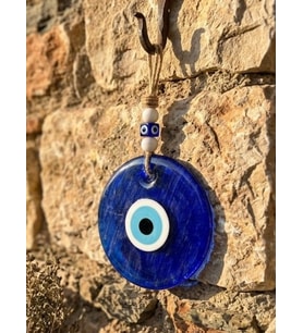 El Yapımı Hediyelik Cam Nazar Boncuğu, Simli, İpli, Koyu Mavi 15 Cm Duvar Süsü