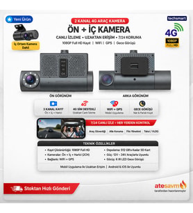TECHSMART 2 Kanal 4G Araç Kamera Ön + İç 1080P Full HD WiFi GPS Gece Görüşlü Canlı İzleme