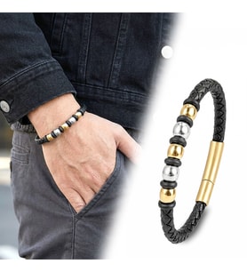 Moncuk Design Orijinal Deri ve 316L Gold Çelik Erkek Bileklik 33514B21D2