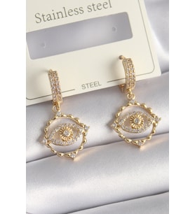 Pirinç Gold Renk Zirkon Taşlı Göz Model Kadın Küpe - Tj-Bkp9733
