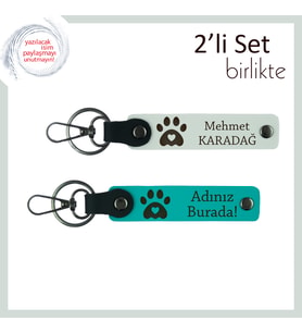 Köpeğini Yanında Taşımak İsteyenlere, Kalpli Pati Figürlü Deri Anahtarlık Takımı, Beyaz-Koyu Turkuaz