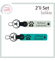 Köpeğini Yanında Taşımak İsteyenlere, Kalpli Pati Figürlü Deri Anahtarlık Takımı, Beyaz-Koyu Turkuaz