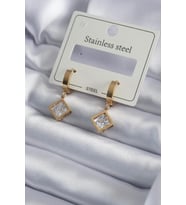 Çelik Gold Renk Kare Zirkon Taş Model Kadın Küpe