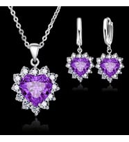 Swarovski Ana Taşlı, Zirkon Taş İşlemeli, Trend Kalp ,  Gümüş Takı Seti, Ahşap Kutu içerisinde (Mor)