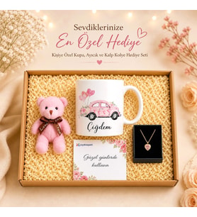 Kişiye Özel Aşk Kutusu Vosvos Tasarımlı Kupa Bardak Ayıcık Anahtarlık & Pembe Kalpli Kolye Seti