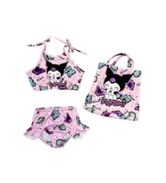 Kız Çocuk karakter Baskılı Eteği Fırfırlı- ip bağlamalı ÇANTA Mayo Bikini 3 lü Takım (A.Pembe)