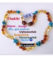 NİSSBEBE, SERTİFİKALI ORİJİNAL KEHRİBAR BEBEK DİŞ KOLYESİ 32-33 cm 0-4 YAŞ (Turkuaz Taşlı)