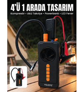 4'ü 1 Arada Akü Takviye Cihazı Dijital Lastik Şişirme Kompresörü 10000mAh Powerbank ve LED Fener