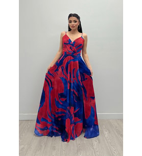 Organze Sifon Kumaş Desenli Maxi Elbise - SAKS MAVİ (SAKS MAVI)