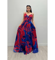 Organze Sifon Kumaş Desenli Maxi Elbise - SAKS MAVİ (SAKS MAVI)