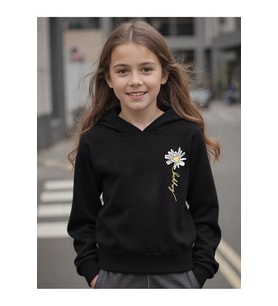 Papatya Baskılı Oversize Çocuk Sweatshirt (Siyah)