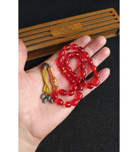 8x11 mm Kırmızı Ateşi Kehribar Tesbih Telkari İmame Püskül Kombinli Tespih Ahşap Kutulu Mesajlı