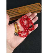 8x11 mm Kırmızı Ateşi Kehribar Tesbih Telkari İmame Püskül Kombinli Tespih Ahşap Kutulu Mesajlı (Lacivert-Kırmızı)
