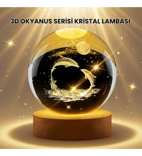 Lazer İşlemeli Yunus Kristal Küre Sıcak LED'li Ahşap Standlı