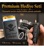Hemen Kargo Sevgiliye Eşe Babaya Arkadaşa Hediye Seti - Aşçı Logolu Mekanizmalı Otomatik Kartlık Cüzdan Clipper Çakmak Küllük ve Anahtarlık