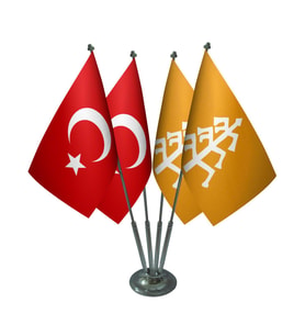 Masa Üstü Karahanlılar Devleti Bayrağı Türk Bayrağı Dörtlü Krom Direk Masa Bayrak Seti