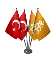 Masa Üstü Karahanlılar Devleti Bayrağı Türk Bayrağı Dörtlü Krom Direk Masa Bayrak Seti