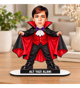 Kişiye Özel Vampir Çocuk Kostümlü Cadılar Karikatürlü 18 cm MDF Masaüstü Biblo - Masaüstü Hediye