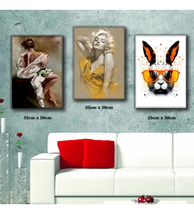 gözlüklü tavşan doğal kadın resimleri 3 adet 35cmx50cm kumaş baskılı canvas tablo