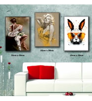 gözlüklü tavşan doğal kadın resimleri 3 adet 35cmx50cm kumaş baskılı canvas tablo