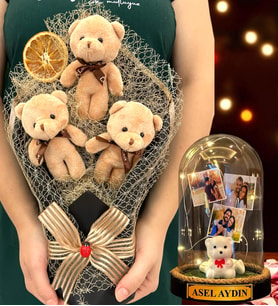 Sizlere Özel Led Işıklı Fanus ve Büyük Boy Kahve Peluş Ayıcık Buketi - Premium Hediye Seti (Model 3)