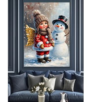 Kardan Adam Ve Noel Kız Çocuğu Dekoratif Kanvas - Mdf Ahşap Tablo