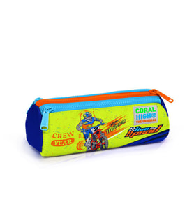 Coral High Kids Fosforlu Sarı Saks Motorsiklet Desenli Üç Bölmeli Kalem Çantası 22042