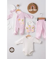 Kelebek Nakışlı Puanlı Tulumlu % 100 Pamuk Kız Bebek 5'li Set