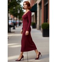 Kadınlara Özel Düz Desenli Uzun Kollu Bodycon Maxi Elbise Kare Yaka Polyester Karışımlı Kaliteli