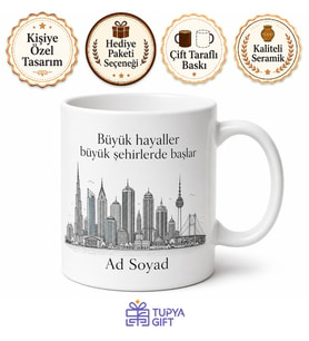 Modern Şehir Çizimli Kupa Bardak Özel Tasarım Hediye Porselen Mug