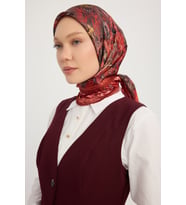 Schaless Altın Bahçe - Turuncu - Aurora Desenli Janjan Eşarp - 90x90 Cm (Bordo)