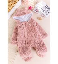 Kapüşonlu Ayıcık Figürlü Welsoft Peluş Kışlık Kız/Erkek Bebek Tulum (Gül Kurusu)