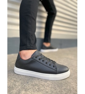 Mode Bağcıklı Cilt Siyah Beyaz Erkek Günlük Sneaker Ayakkabı