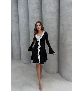 Lesa Wear Yumuşacık Fırfır Detaylı Likralı Kruvaze Mini Gece Elbisesi (Siyah)