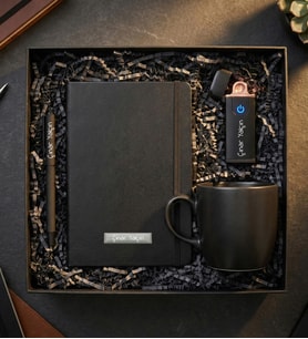 Kişiye Özel USB Çakmak & Defter & Kupa & Kalem Premium Hediye Seti Siyah