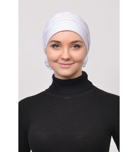 Pileli İncili Nervür Tesettür Bone (Beyaz)