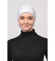 Pileli İncili Nervür Tesettür Bone (Beyaz)