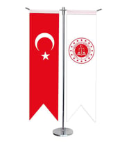 Masa Üstü Kırlangıç Adalet Bakanlığı + Türk Bayrağı + Krom T Direk Masa Bayrak Seti