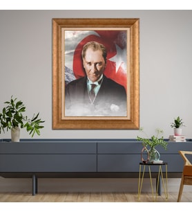 Altın Varaklı Çerçeveli Paspartulu Atatürk Tablo TR1163 (Gold)