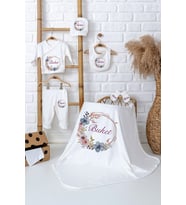 Pia Baby Premium %100 Pamuk İsim Baskılı Battaniyeli Zıbın Set Yenidoğan Kız Bebek Hediyelik 5029-04 (Ekru)