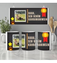 İsimli Fotoğraflı Baba Hediyesi Kupa Bardak, Baba Sen Benim Kahramanımsın Yazılı, 330ml, Beyaz (Doğal Beyaz)