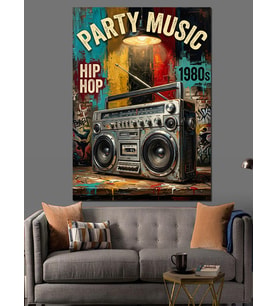 Retro Party Music Radyo Kaseti Dekoratif Kanvas - Mdf Ahşap Tablo