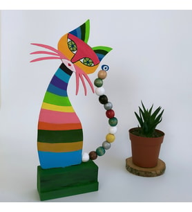 Kedi Renkli Ahşap Dekoratif  Biblo  El Yapımı