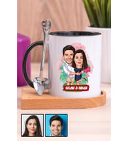 Çiftlere Özel Romantik Hediye Karikatürlü Ahşap Altlıklı Siyah Kupa Bardak