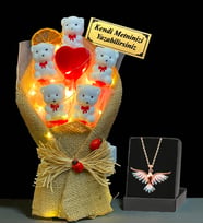Premium Set - Kişiye Özel İsimli Led Işıklı Buket ve Renkli Zümrüdü Anka Kuşu Kolyesi (Model 1)