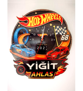 Kişiye Özel İsimli Yarış Arabası Duvar Saati - Hot Wheels Konsept 30x35cm 3D Ahşap Çocuk Odası Saati