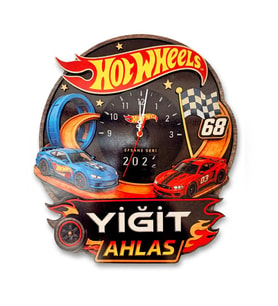 Kişiye Özel İsimli Yarış Arabası Duvar Saati - Hot Wheels Konsept 30x35cm 3D Ahşap Çocuk Odası Saati