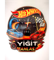 Kişiye Özel İsimli Yarış Arabası Duvar Saati - Hot Wheels Konsept 30x35cm 3D Ahşap Çocuk Odası Saati